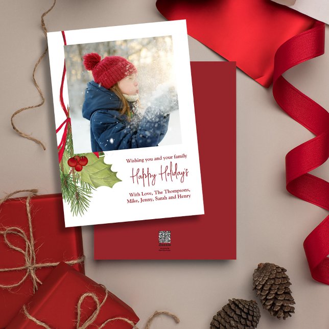 Christmas Holiday Winter Greenery Holly Photo  (Merry Christmas Holly red calligraphy script and greenery photo card.)