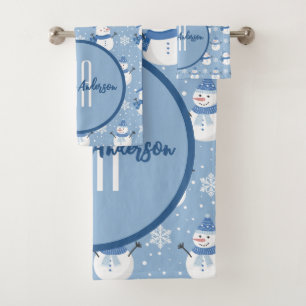 CHRISTMAS HOLIDAY WINTER SNOWMEN CUSTOM MONOGRAM BATH TOWEL SET