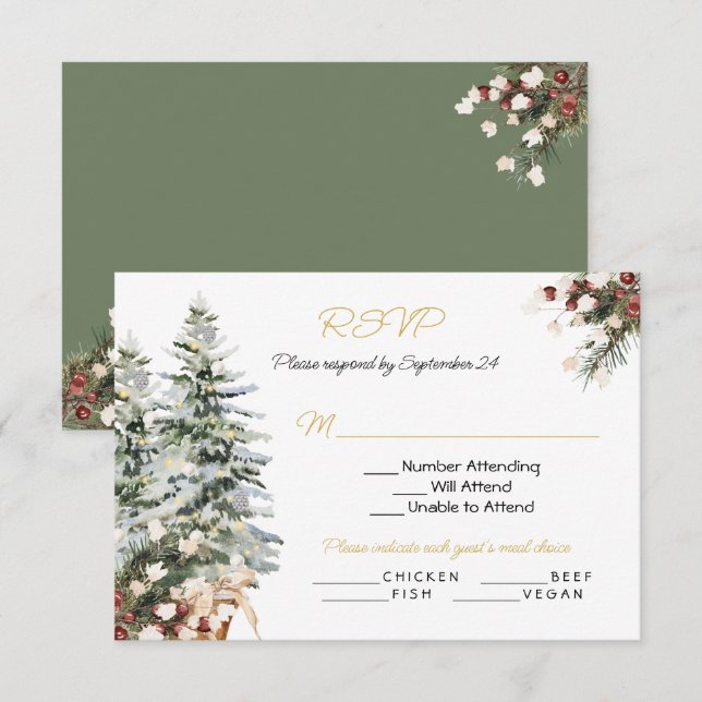 Christmas Holiday Winter Wedding RSVP Menu Choice Invitation (Front/Back)