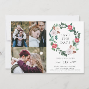 Christmas Holiday Wreath 3 Photos Save the Date Invitation