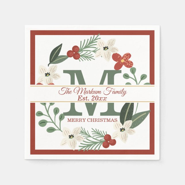 Christmas Holiday Wreath Monogram | Name Christmas Napkin (Front)