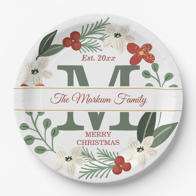 Christmas Holiday Wreath Monogram | Name Christmas Paper Plate (Front)
