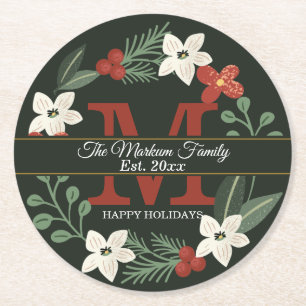 Christmas Holiday Wreath Monogram Name Christmas Round Paper Coaster