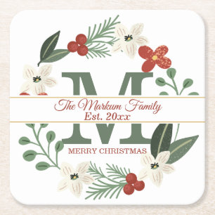 Christmas Holiday Wreath Monogram Name Christmas Square Paper Coaster