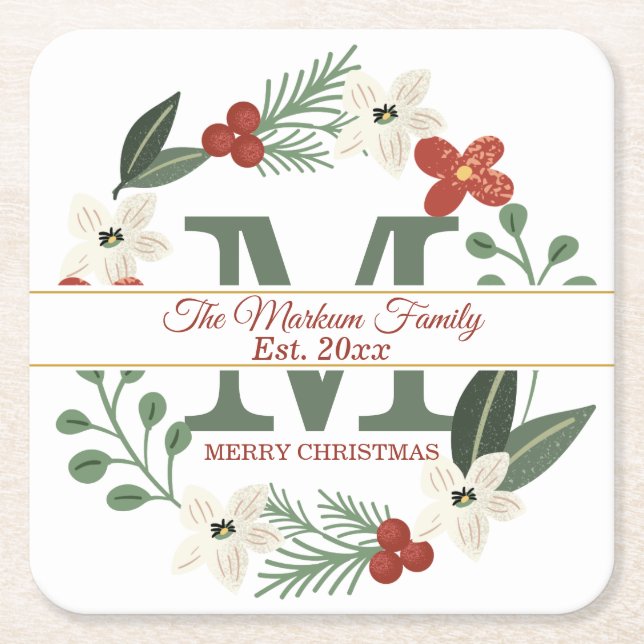 Christmas Holiday Wreath Monogram | Name Christmas Square Paper Coaster (Front)