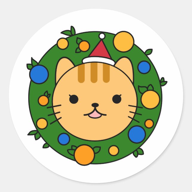 Christmas Holiday Wreath Orange Cat Favour Classic Round Sticker (Front)