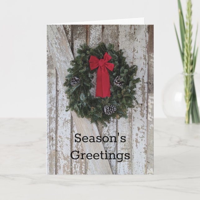Christmas Holiday Wreath Rustic Wood Barn Door Card (Front)