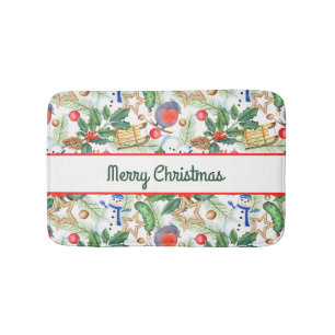 Christmas Holiday Xmas Snowman, Pine Cones, Holly  Bath Mat