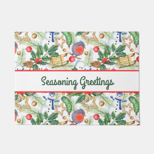 Christmas Holiday Xmas Snowman, Pine Cones, Holly Doormat