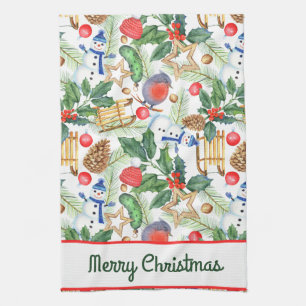 Christmas Holiday Xmas Snowman, Pine Cones, Holly Tea Towel