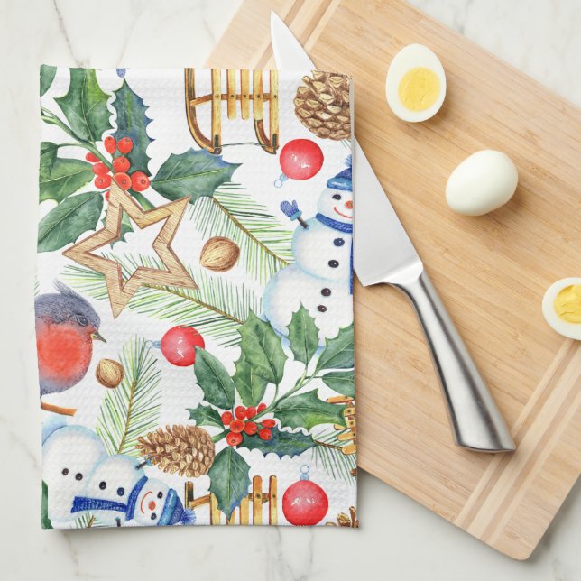 Christmas Holiday Xmas Snowman, Pine Cones, Holly Tea Towel (Quarter Fold)