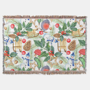 Christmas Holiday Xmas Snowman, Pine Cones, Holly Throw Blanket