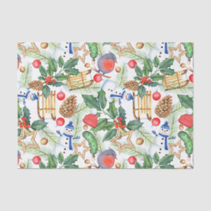 Christmas Holiday Xmas Snowman, Pine Cones, Holly Tissue Paper