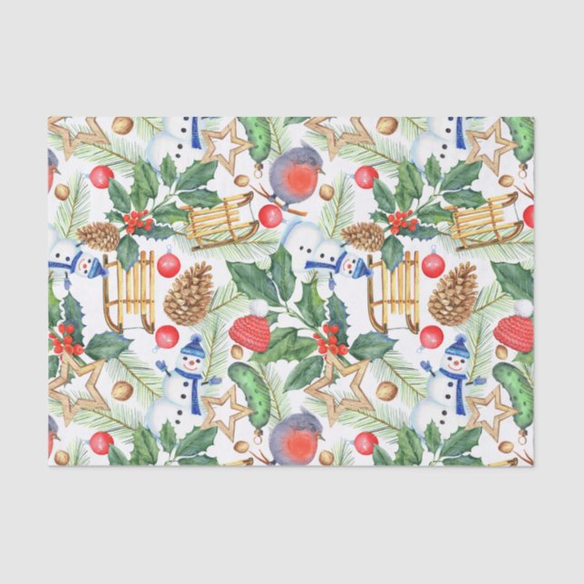 Christmas Holiday Xmas Snowman, Pine Cones, Holly Tissue Paper (Front)