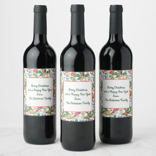 Christmas Holiday Xmas Snowman, Pine Cones, Holly  Wine Label