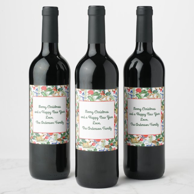 Christmas Holiday Xmas Snowman, Pine Cones, Holly  Wine Label (Bottles)