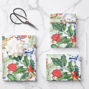 Christmas Holiday Xmas Snowman, Pine Cones, Holly Wrapping Paper Sheet