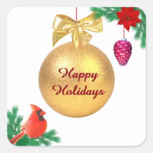 Christmas holidays ball, bird & pine cone on white square sticker