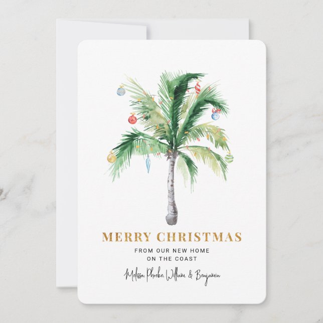 Christmas Holidays Decorated Palm Tree Moving Holiday Card (Front)