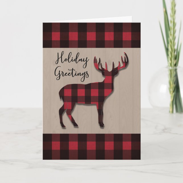 Christmas Holidays Deer in Red Black Plaid Wood Card (Front)