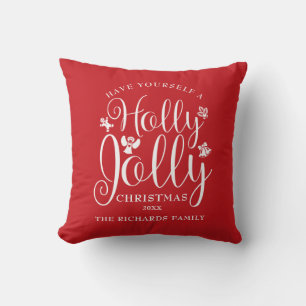 Christmas Holidays Family Name Photo Holly Jolly  Cushion