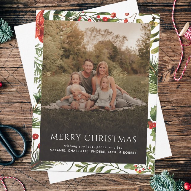 Christmas Holidays Family Photo Greetings Card (Christmas Greetings Rustic Family Photo Red Berries Botanical)