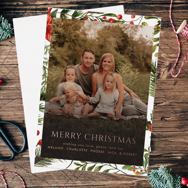 Christmas Holidays Family Photo Greetings Gold Foil Holiday Card (Family Photo Red Berries Christmas Greetings Card)
