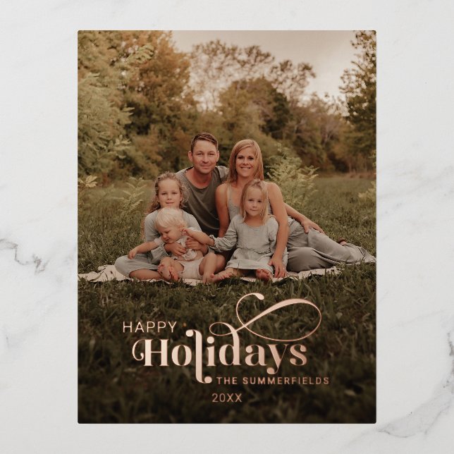 Christmas Holidays Family Photo Rustic Rose Gold Foil Holiday Postcard (Front)