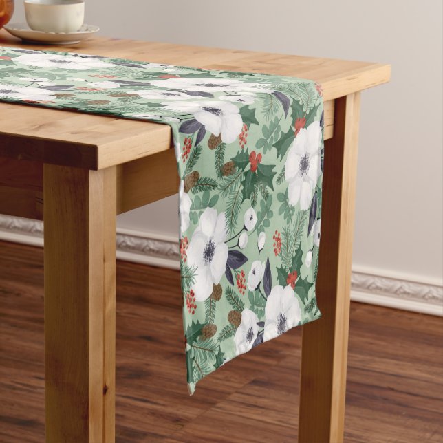 Christmas Holidays Festive Elegant Green Floral Short Table Runner (In Situ)