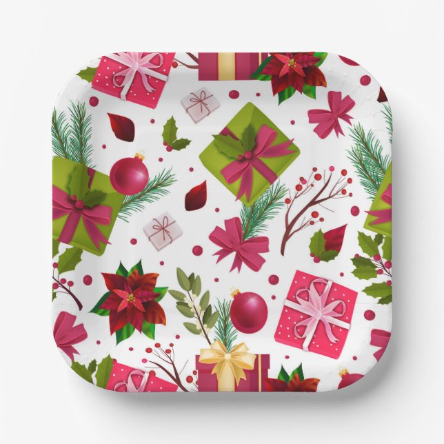 Christmas Holidays Festive Gifts Floral Winter Paper Plate (Front)