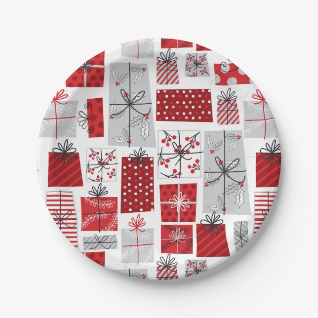 Christmas Holidays Festive Red Silver Modern Gifts Paper Plate (Front)