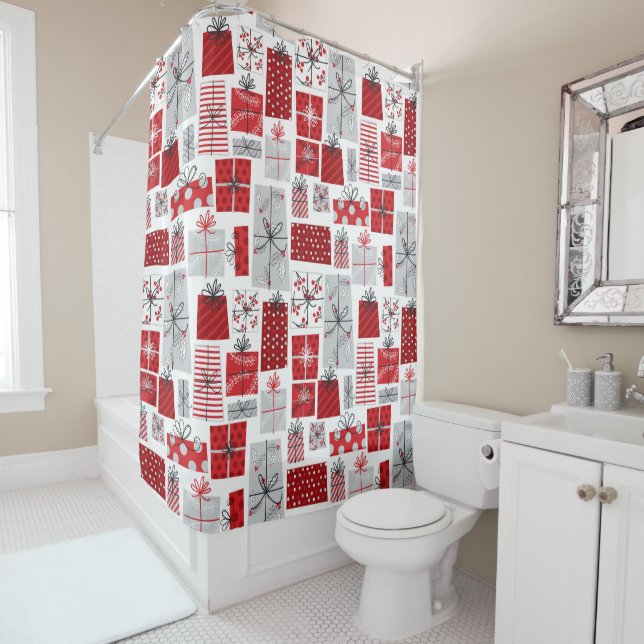 Christmas Holidays Festive Red Silver Modern Gifts Shower Curtain (In Situ)