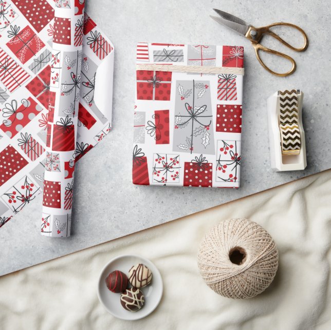 Christmas Holidays Festive Red Silver Modern Gifts Wrapping Paper (Crafts)