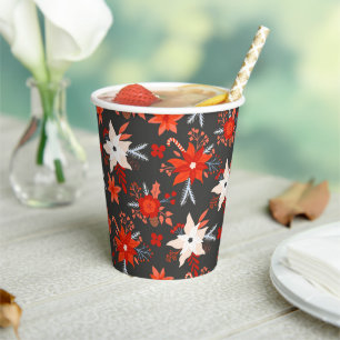 Christmas Holidays Festive Winter Red Pink Floral Paper Cups