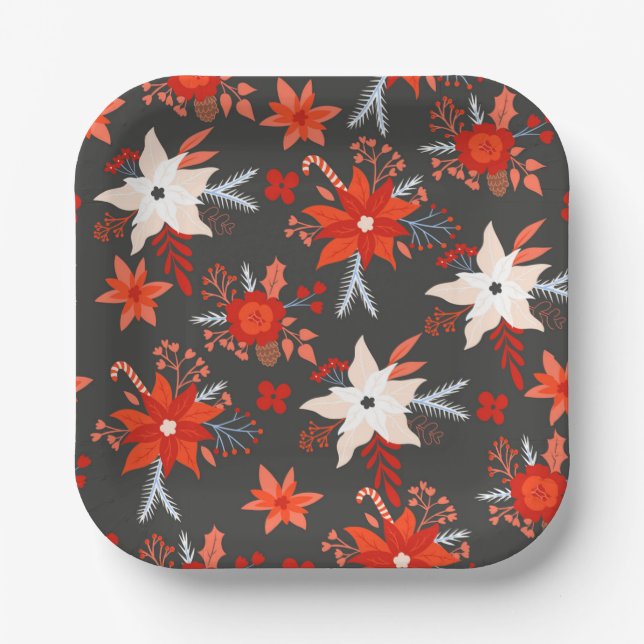 Christmas Holidays Festive Winter Red Pink Floral Paper Plate (Front)