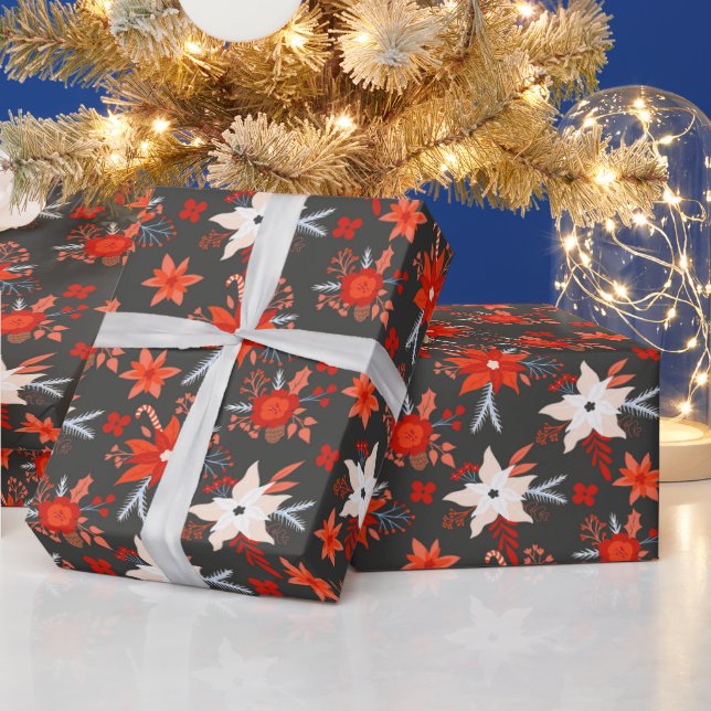 Christmas Holidays Festive Winter Red Pink Floral Wrapping Paper (Holidays)