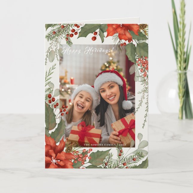 Christmas Holidays Floral Frame Photo Holiday Card (Front)