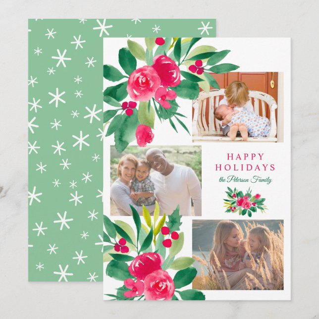 Christmas holidays floral watercolor 3 photos snow card (Front/Back)