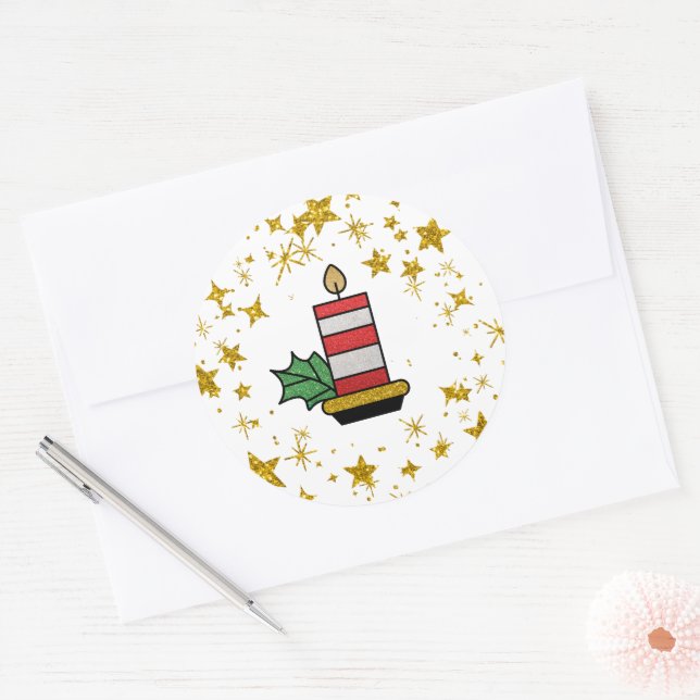 Christmas Holidays Gold Stars Candle Glitter Classic Round Sticker (Envelope)