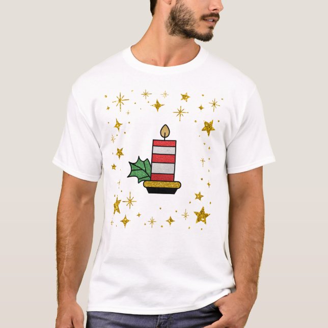 Christmas Holidays Gold Stars Candle Glitter T-Shirt (Front)