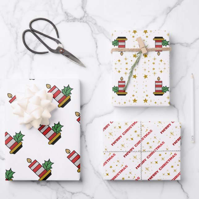 Christmas Holidays Gold Stars Candles Glitter Wrap Wrapping Paper Sheet (Front)