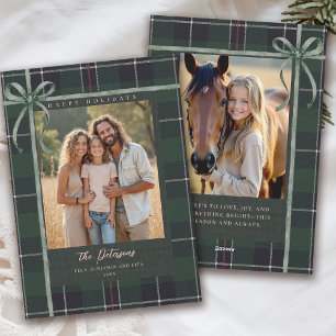 Christmas Holidays Green Bow Plaid Tartan 2-Photo Holiday Card
