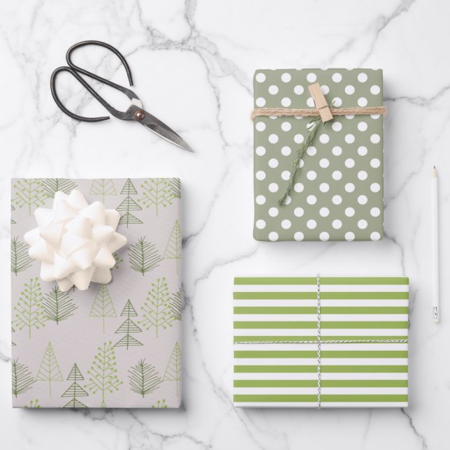 Christmas Holidays Green Matte Pine Trees Wrapping Paper Sheet (Front)