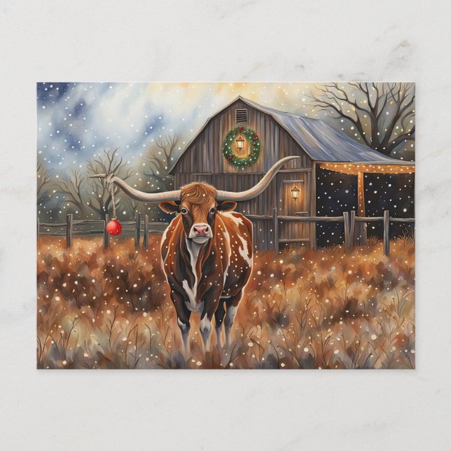 Christmas Holidays Longhorn Cow Cute Country Postcard (Front)