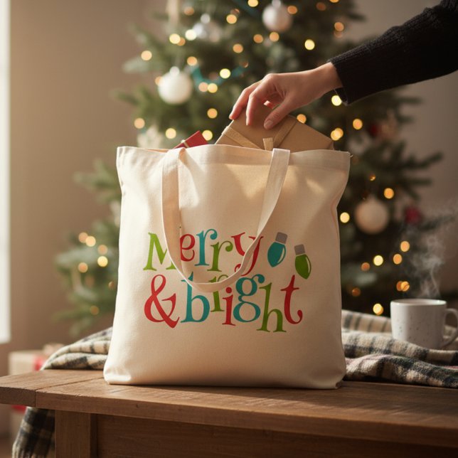 Christmas Holidays Merry And Bright Typography Tote Bag (Creator Uploaded)