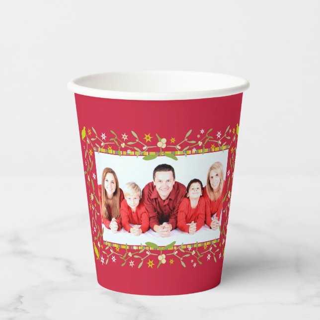 Christmas holidays mistletoe photo frame red paper cups (Front)