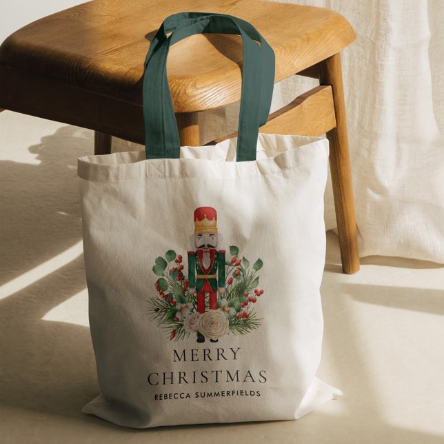 Christmas Holidays Nutcracker Custom Tote Bag (Christmas Nutcracker Greenery Red Berries Green Handles Tote Bag)