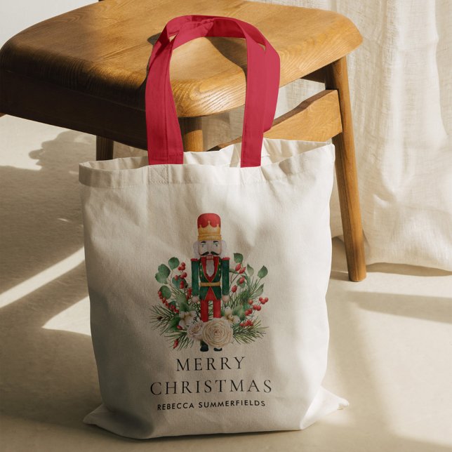 Christmas Holidays Nutcracker Family Keepsake Tote Bag (Christmas Nutcracker Greenery Red Berries Red Handles Tote Bag)
