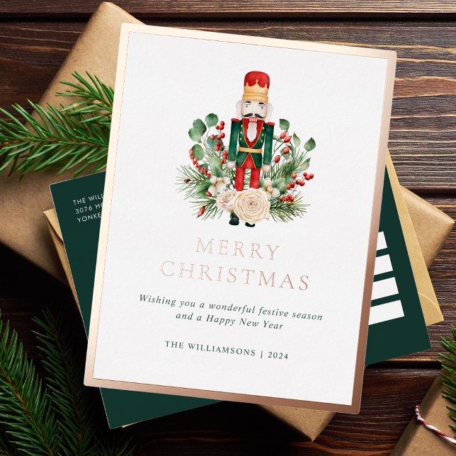 Christmas Holidays Nutcracker Greenery Elegant Foil Holiday Postcard (Merry Christmas Elegant Nutcracker Greenery Greetings Card Rose Gold Foil)