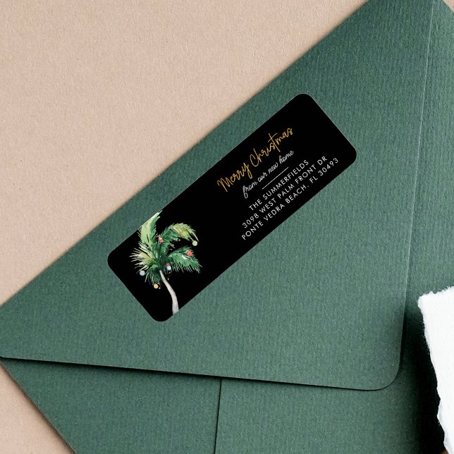 Christmas Holidays Palm Tree Moving Return Address (Christmas Palm Tree Coastal Black Return Address Label)
